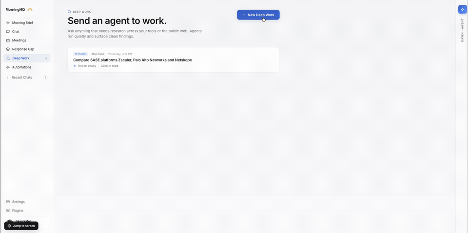 morningHQ deep work view with generated PRD, churn analysis, roadmap update, and agent progress.