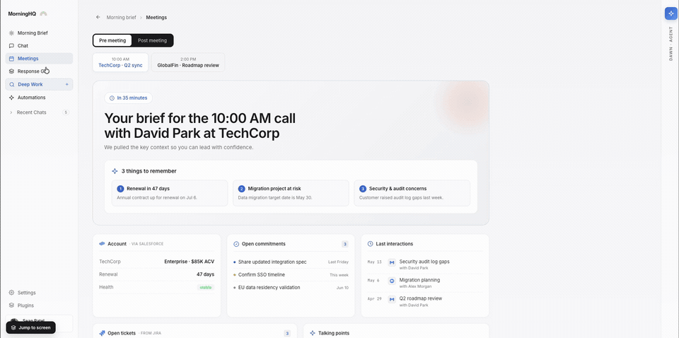 morningHQ meetings view with daily calendar context, meeting prep, risks, and suggested follow-ups.
