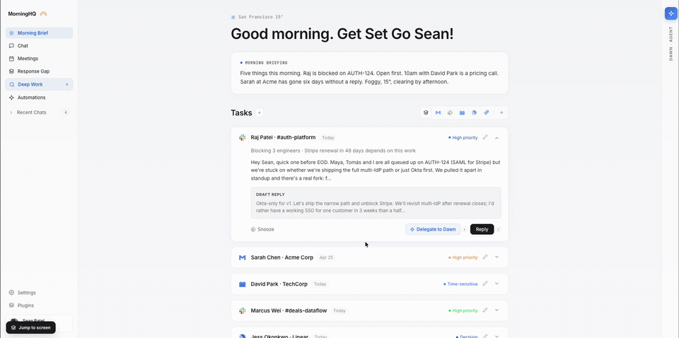 morningHQ morning brief with priority cards, upcoming meetings, response gaps, and an AI chat panel.