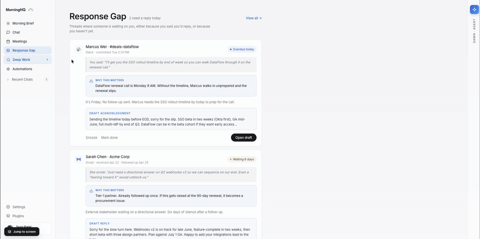 morningHQ response gap view showing overdue customer replies, blocked commitments, and drafted follow-ups.